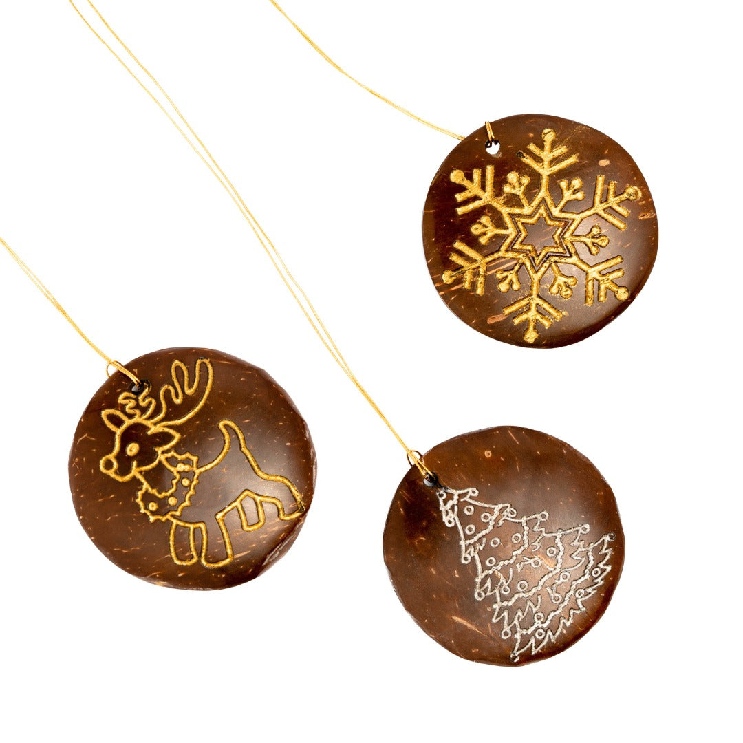 Thenga Coconut Shell Christmas Hanging Decorations - Set of 6 (2 Reindeer, 2 Trees, 2 Snowflakes)