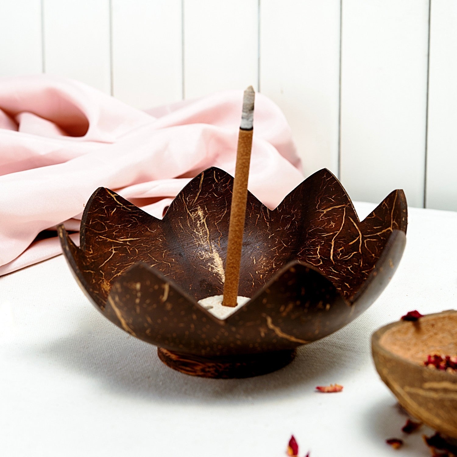 Thenga Coconut Shell Agarbatti Stand with Ash Catcher | Wooden Incense Stick Holder (Set of 1)