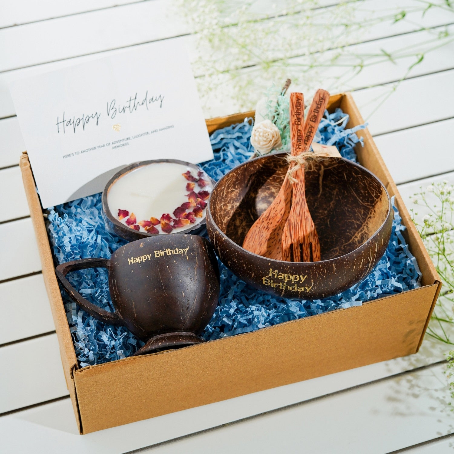 Thenga Eco-Friendly Birthday Gifts/Hampers Set | Includes 1 Teacup, 1 Bowl with Spoon & Fork, and a Message Card