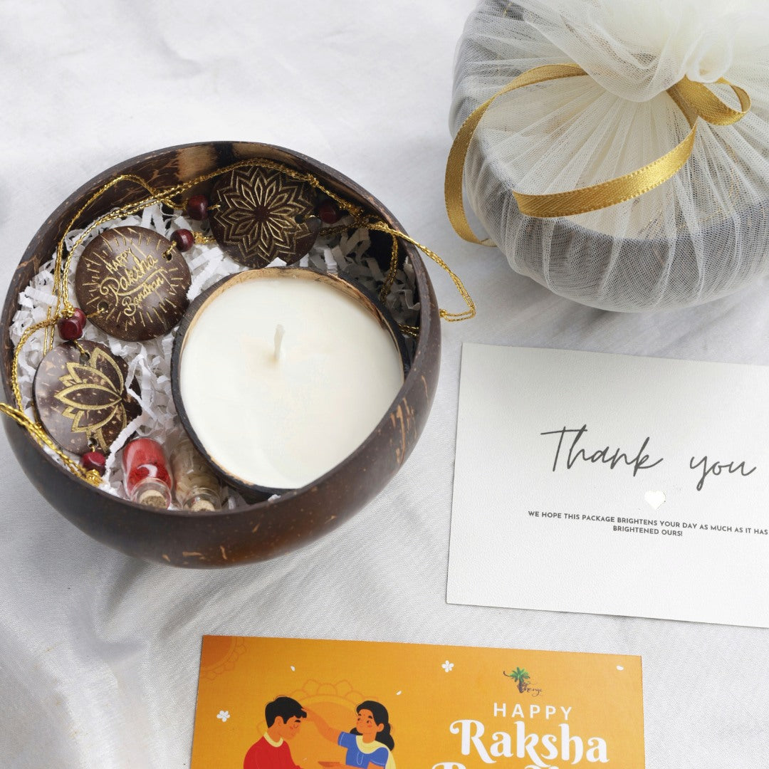 Thenga Rakshabandhan Hampers | Gift Hampers Set with Rakhis, Kumkum, Rice Grains, and a Coconut Bowl for Brother & Sister