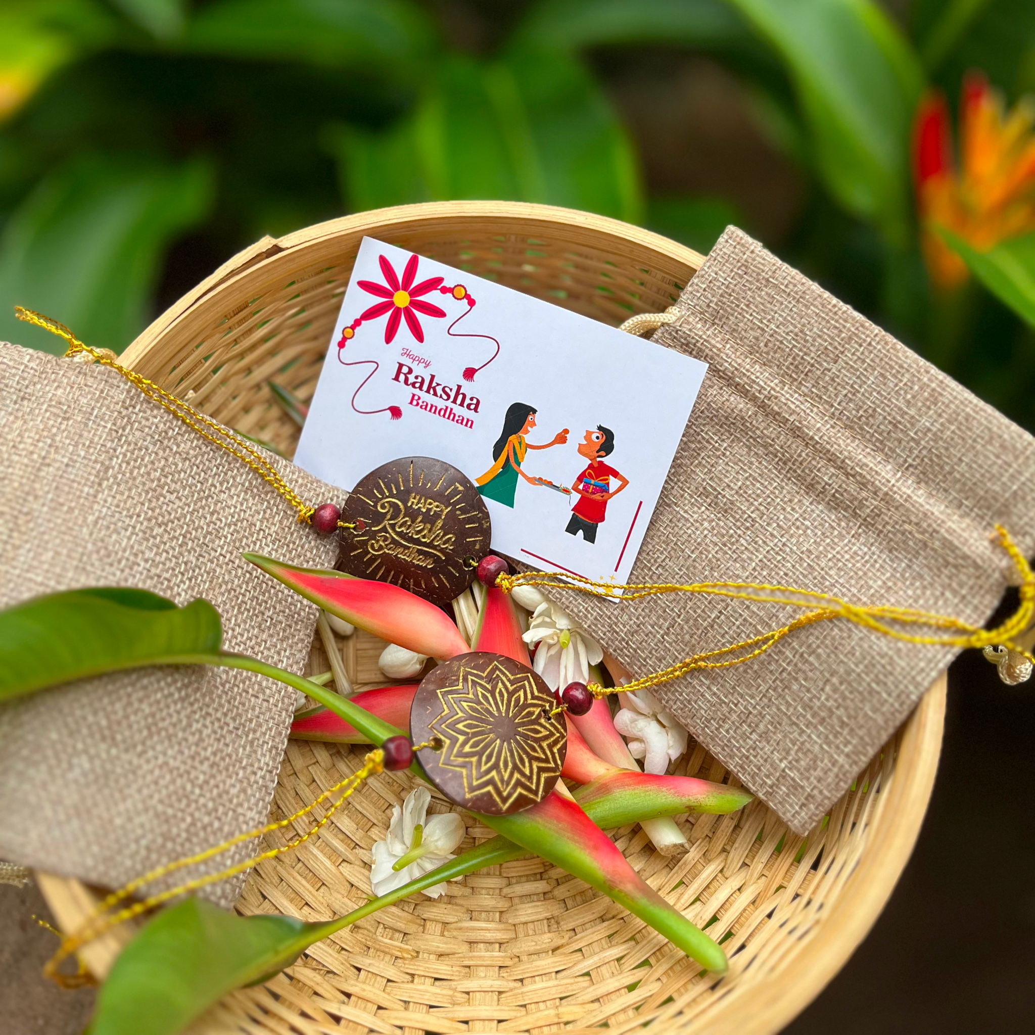 Coconut Shell Sustainable Rakhi's (Package includes Rakhis, Jute Potli & Raksha Bandhan Card) Set of 3