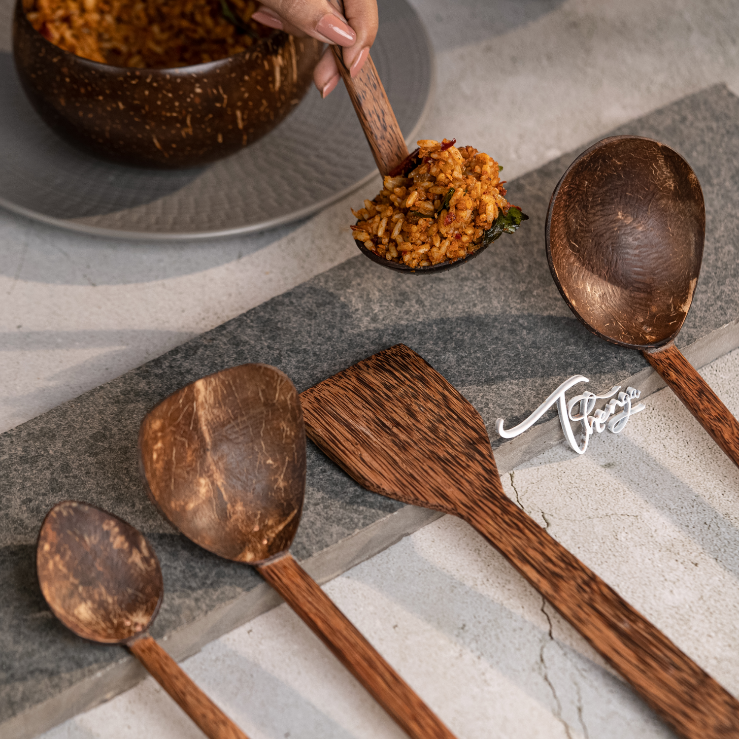 traditional coconut shell & wood cooking set
